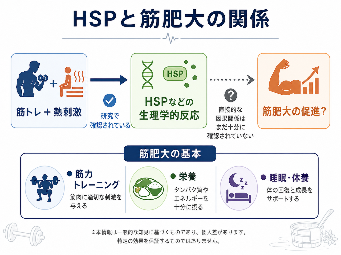 筋トレと熱刺激によるHSP反応と筋肥大の関係を説明した図